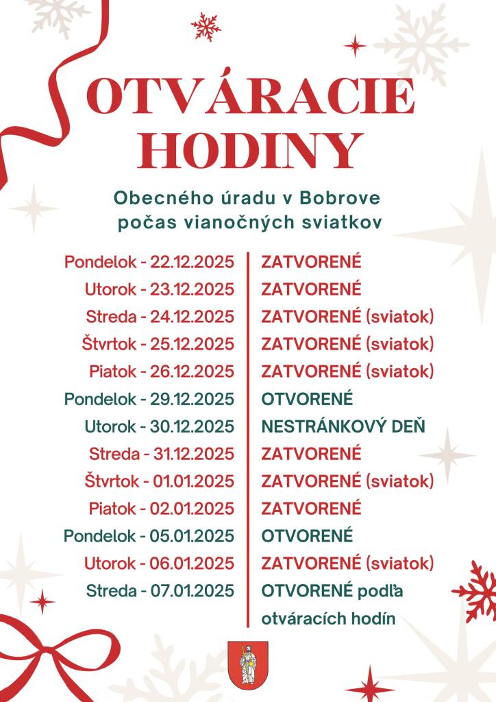 Úradné hodiny Obecného úradu v Bobrove počas vianočných sviatkov.