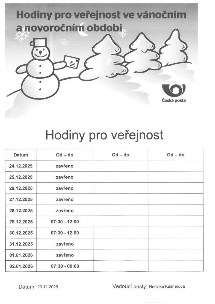 hodiny pro veřejnost ve vánočním a novoročním období