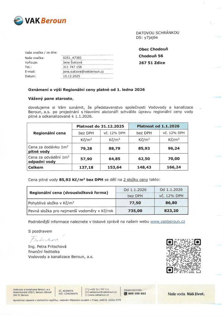 Oznámení o výši Regionální ceny platné od 1.1.2026