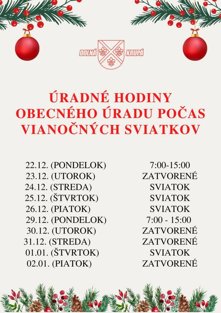 ÚRADNÉ HODINY OBECNÉHO ÚRADU POČAS VIANOČNÝCH SVIATKOV