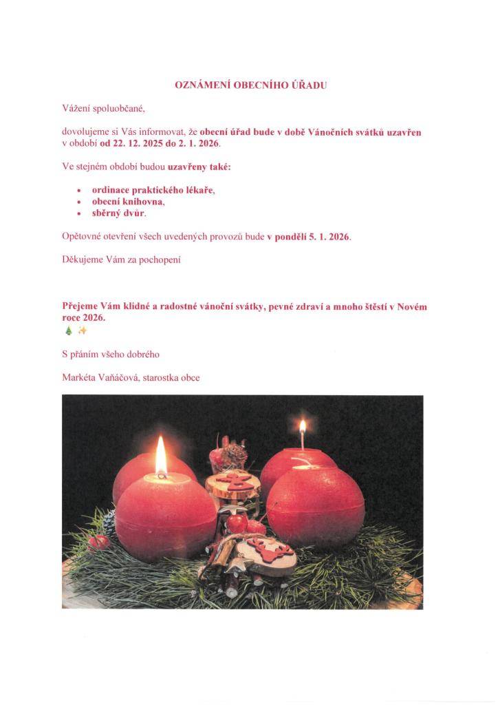 Oznámení o uzavření Obecního úřadu v době Vánočních svátků.