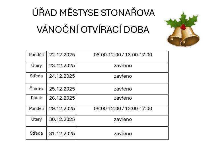 Upozorňujeme občany na omezení provozu úřadu městyse. V pondělí 22.12.2025 a 29.12.2025 bude úřad městyse otevřen takto: 08:00-12:00 a 13:00-17:00 hodin. V ostatní dny bude úřad uzavřen. Nebudou dostupné služby jako Czech POINT a POKLADNA.