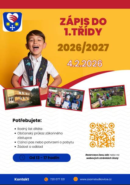 Zápis do 1.třídy 2026/2027 proběhne v ŽS v Ludkovicích dne 4.2.2026