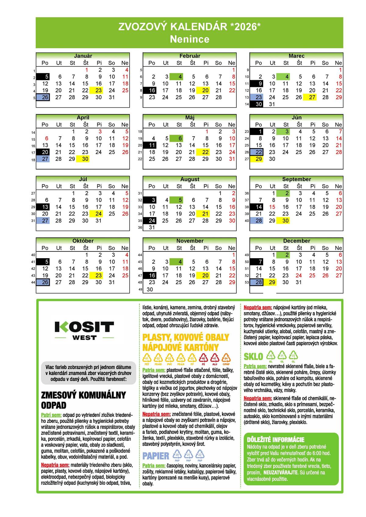 Harmonogram zberu odpadu 2026 - Hulladékgyűjtési naptár 2026