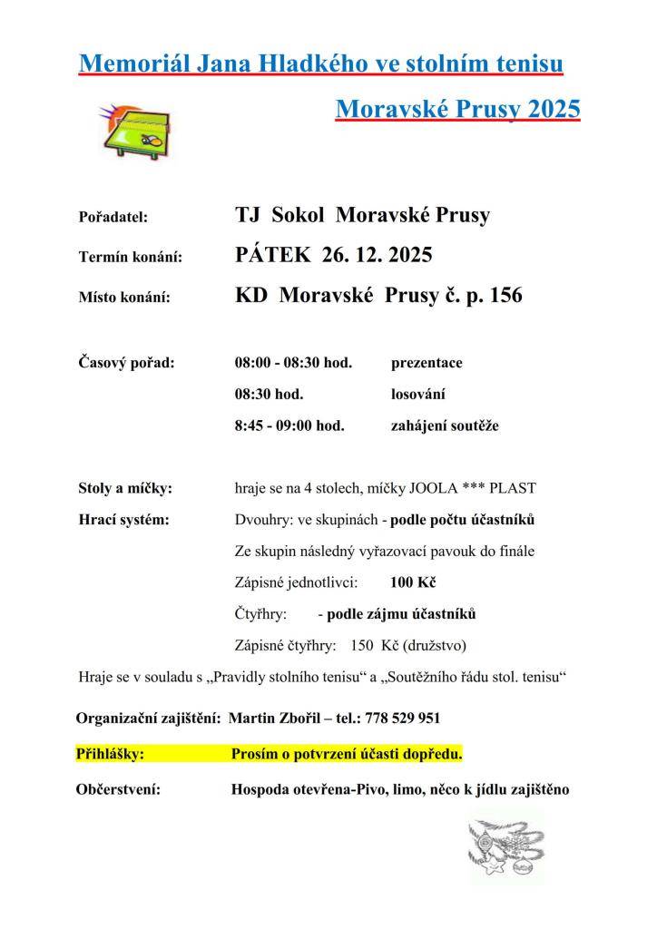 Memoriál Jana Hladkého ve stolním tenisu  Moravské Prusy 26.12.2025