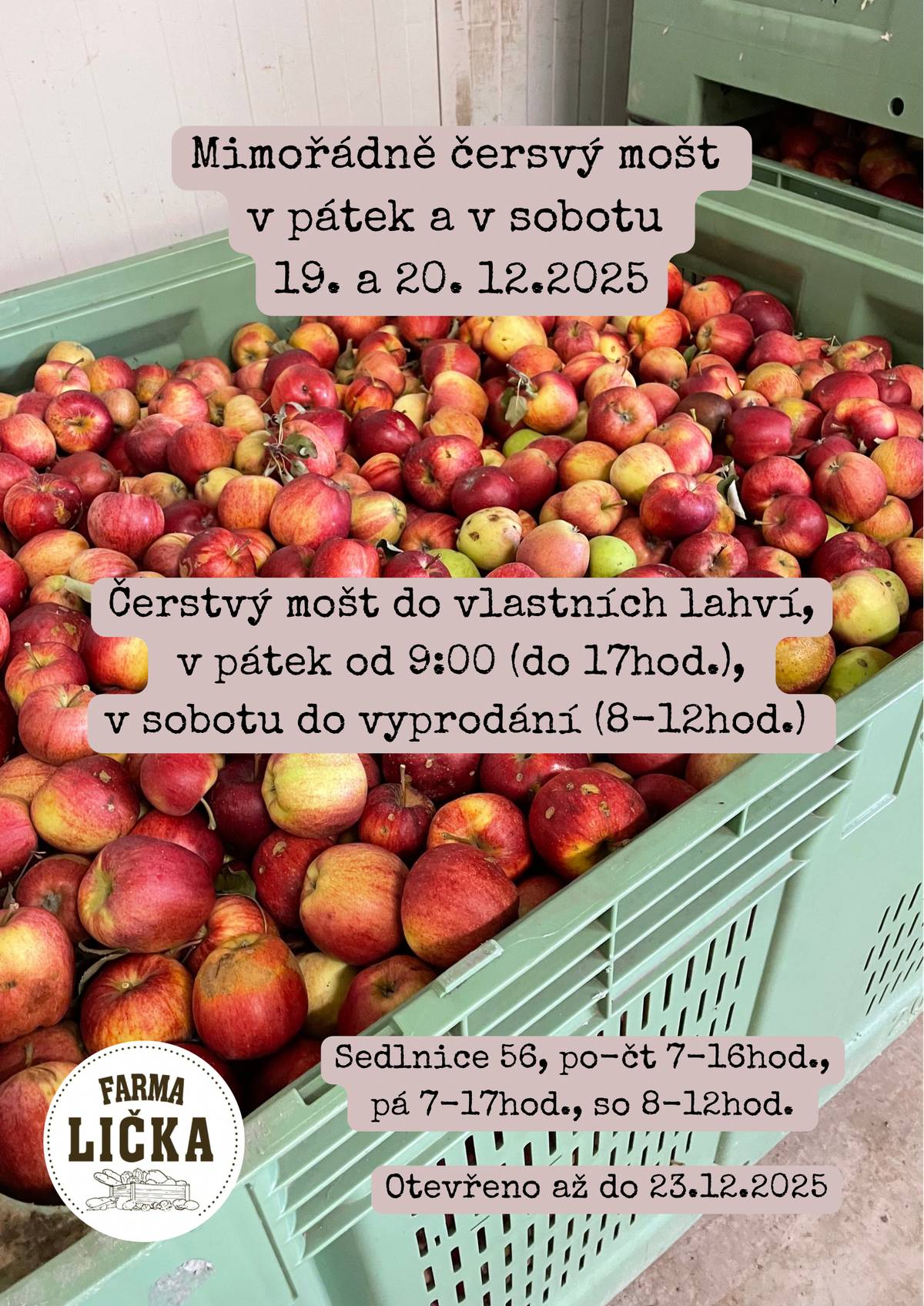 Mimořádně čerstvý mošt v pátek a v sobotu 19. a 20.12.2025