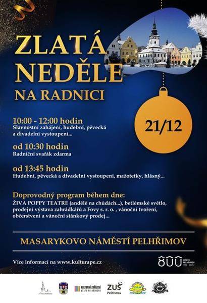 Masarykovo náměstí v Pelhřimově ožije v neděli 21. prosince tradiční Zlatou nedělí, která nabídne bohatý kulturní program, vánoční tradice i prostor pro společné setkávání v adventním čase.