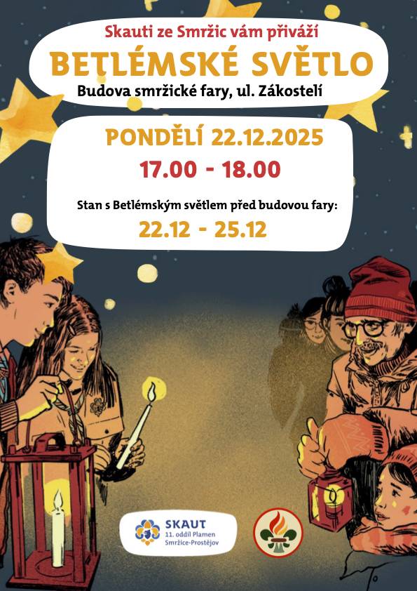 Skauti ze Smržic zvou veřejnost na tradiční rozdávání Betlémského světla, které proběhne v pondělí 22. prosince 2025 od 17:00 do 18:00 na smržické faře.