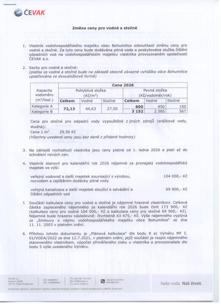 Navýšení cen vodného a stočného na rok 2026