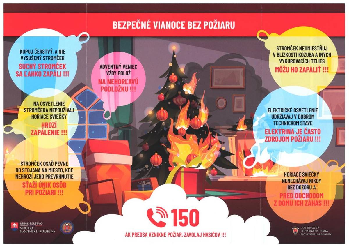 Vážení občania, pripomíname vám dôležitosť požiarnej prevencie počas sviatkov. Nenechávajte horieť sviečky bez dozoru, používajte iba certifikované vianočné osvetlenie a pred odchodom z domu ho vždy vypnite. Suchý stromček je vysoko horľavý, preto dbajte na zvýšenú opatrnosť.