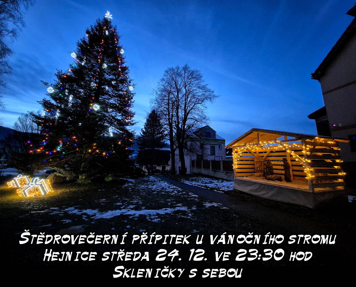 Přátelé a i vy všichni ostatní a to nejen hejničtí, všechny Vás srdečně zvu na Štědrovečerní přípitek dobrým vínem pod vánoční strom v Hejnicích 🥂  Sklenky raději s sebou, ze skla chutná víno lépe, ale pro pocestné na Půlnoční budou na místě samo i kalíšky a já se těším na opětovné setkání s vámi u sklenky bílého či červeného tuhle štědrovečerní středu, 24. 12. ve 23:30 hod. Tak třeba když půjdete do kostela na Půlnoční nebo přijdete prostě za námi k našemu malinkatému vánočního stromu v parčíku 🎄 Opět budou na výběr jak suchá, polosuchá a bublavá výběrová vína, které pro Vás připravili dobré duše našeho města 🙂🍾 Přijďte pobejt a řekněte sousedům, ať nesedí doma a dorazí taky 😊  Jaroslav Demčák