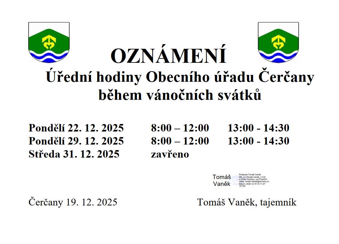 Úřední hodiny Obecního úřadu Čerčany během vánočních svátků.