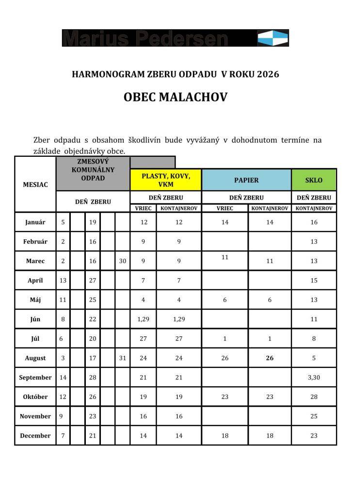 Harmonogram zberu odpadu na rok 2026