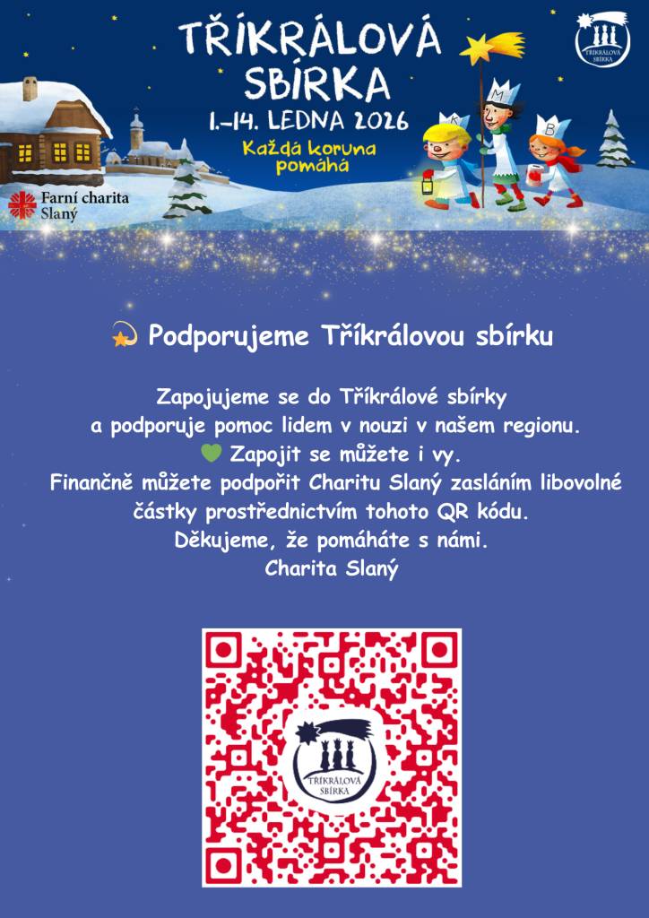 Můžete se připojit a finančně podpořit Charitu Slaný zasláním libovolné částky pomocí přiloženého QR kódu. Děkujeme za vaši pomoc.