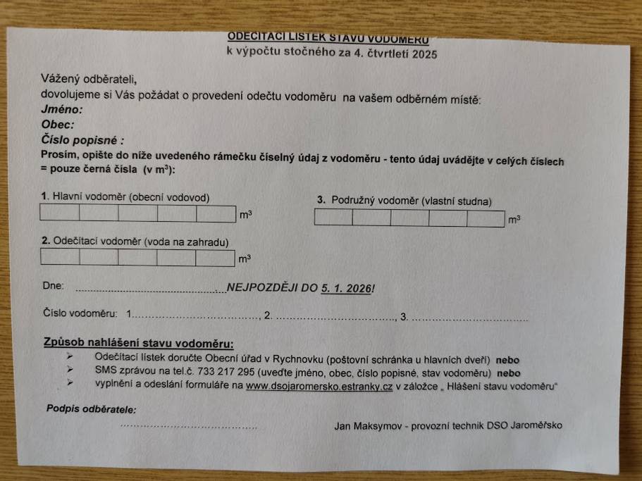 Odečet vodoměru pro stočné 4Q 2025