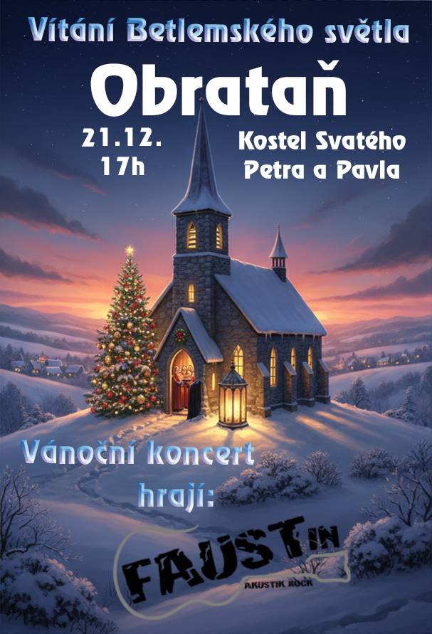 Vážení občané, srdečně vás zveme na vánoční koncert, který se uskuteční 21.12.2025 od 17:00 hodin v kostele sv. Petra a Pavla v Obratani. Hraje kapela FAUSTin. Těšíme se na vás.