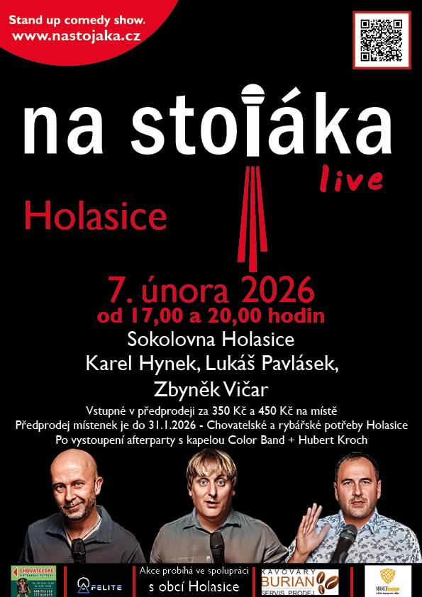 7.2.2026 v sokolovně 17:00 nebo 20:00 předprodej vstupenek do 31.1.2026 v Chovatelských a rybářských potřebách Holasice