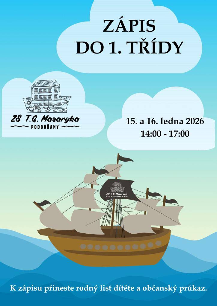 Ve dnech 15.01.2026 a 16.01.2026 od 14:00 do 17:00 proběhnou na ZŠ T.G.Masaryka Podbořany, Husova 445 zápisy do 1. třídy.