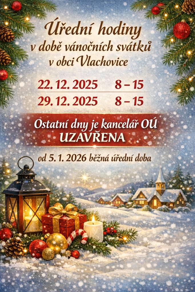 Obec Vlachovice oznamuje úřední hodiny v době vánočních svátků.  Děkujeme za pochopení a přejeme klidné prožití Vánoc.