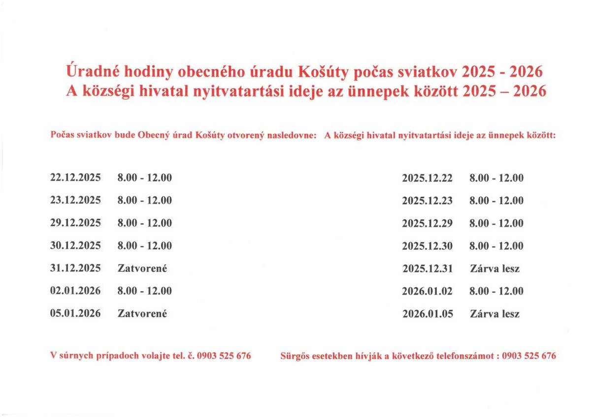 A községi hivatal nyitvatartási ideje az ünnepek között 2025 - 2026