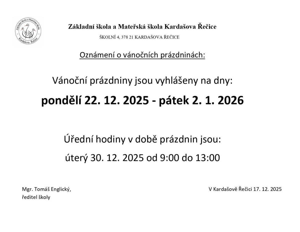 Oznámení školy - vánoční prázdniny (22.12.2025 - 2.1.2026)