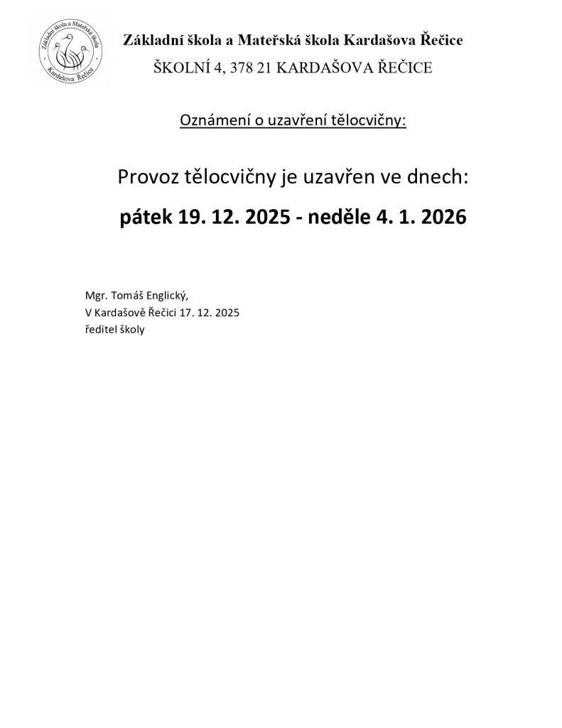Provoz tělocvičny o vánočních prázdninách - (19.12.2025 - 4.1.2026)