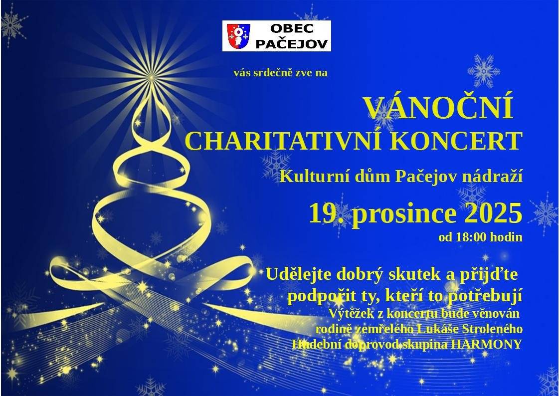 Srdečně zveme dnes, v pátek 19.12., na vánoční charitativní koncert v Kulturním domě v Pačejově nádraží od 18:00 hodin.Přijďte udělat dobrý skutek!