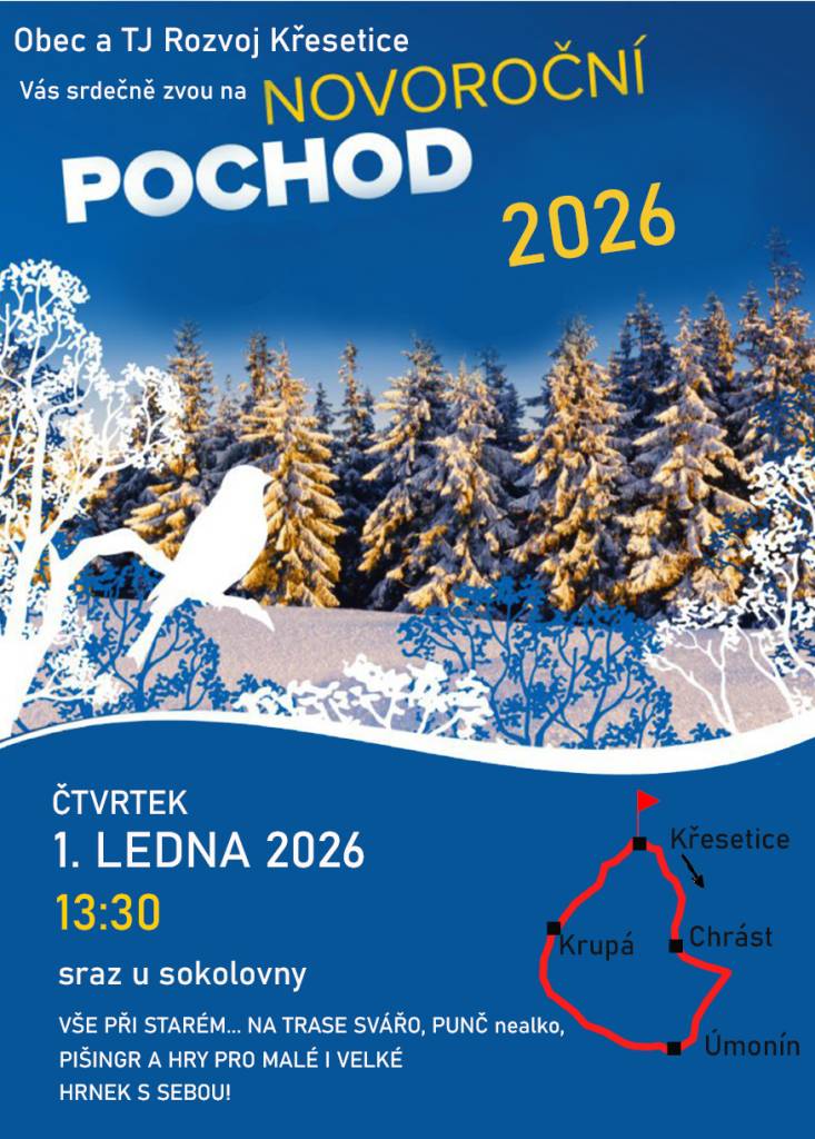 Zveme vás na tradiční novoroční pochod, který se uskuteční 1. ledna od 13.30 hodin. Přijďte si užít svářák, nealkoholický punč a hry pro všechny věkové kategorie.