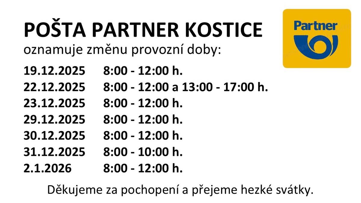 Pošta Partner Kostice informuje o změně provozní doby v období blížících se Vánoc a konce roku. Děkujeme za pochopení a přejeme klidné svátky.