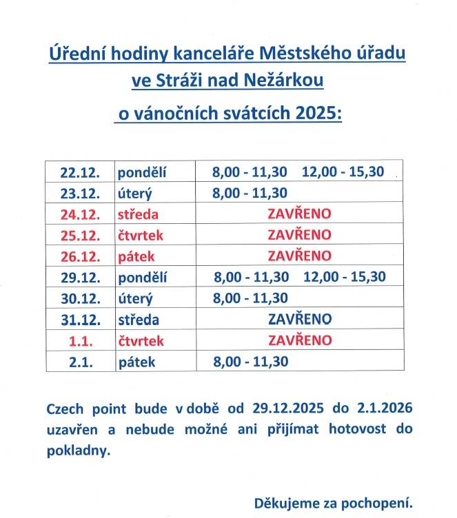 V příloze naleznete rozpis úředních hodin přes vánoční svátky. Prosíme spoluobčany, aby poplatky za odpad a psa chodili platit až od 5. ledna 2026. Děkujeme.