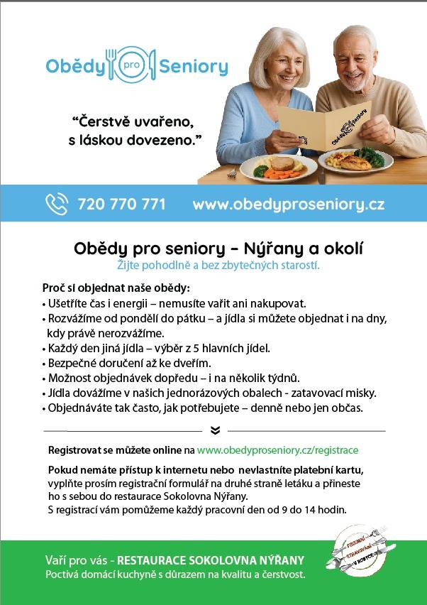 Restaurace Sokolovna Nýřany nabízí obědy pro seniory, které jsou připravovány s důrazem na kvalitu a čerstvost. Ušetříte čas a energii, neboť jídla doručujeme přímo až ke dveřím. Rozvážíme od pondělí do pátku a každý den si můžete vybrat z pěti hlavních jídel.