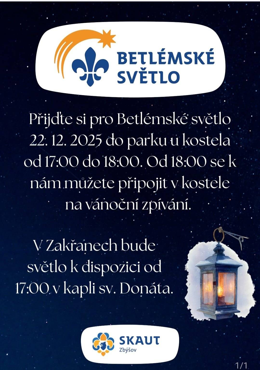 Betlémské světlo bude možné si vyzvednout u kaple sv. Donáta ode dneška 17:00 do Štědrého dne do 18:00.