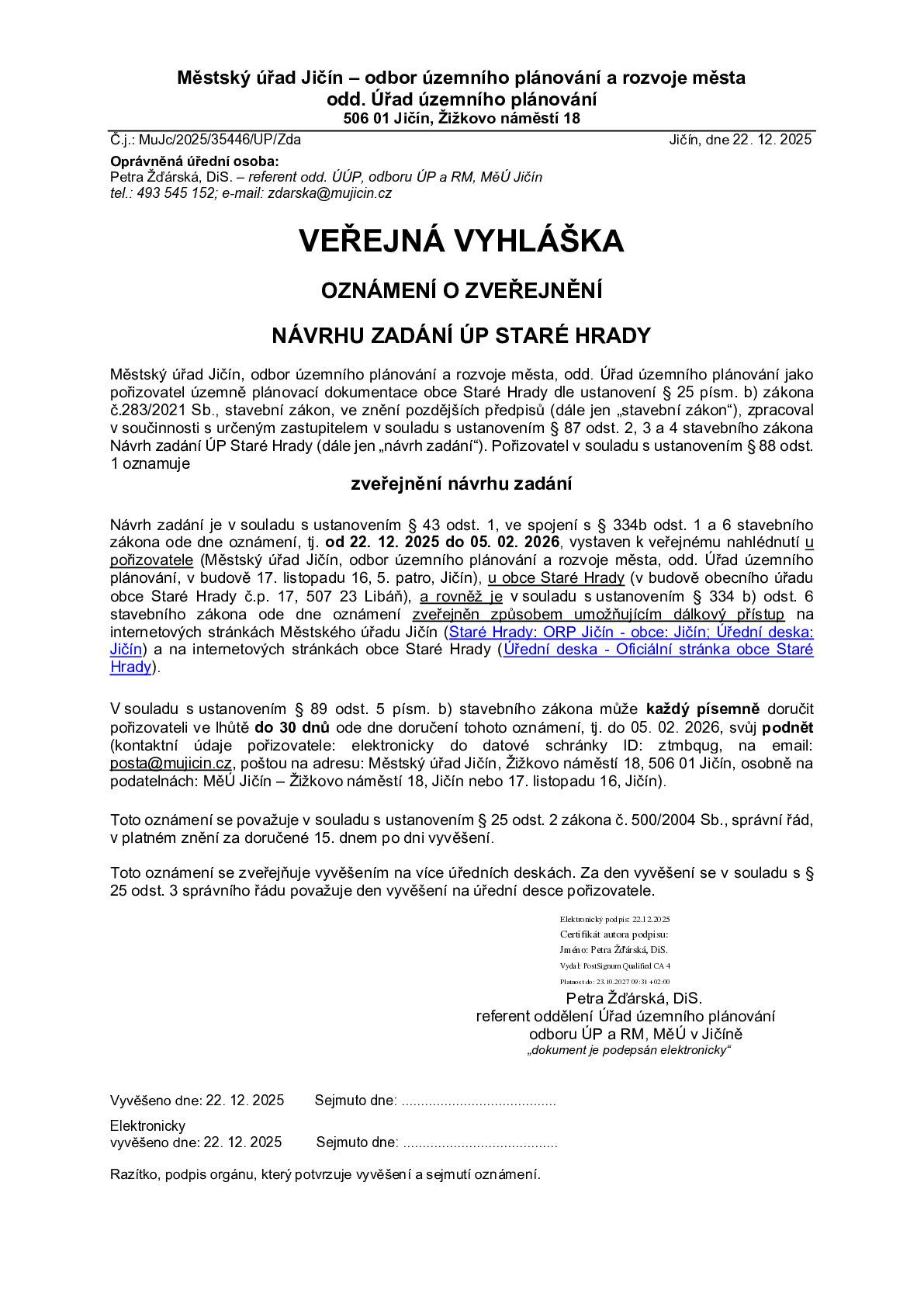 Oznámení o zveřejnění návrhu územního plánu Staré Hrady