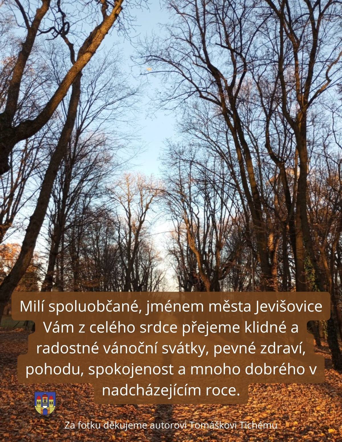 Milí občané, rádi bychom Vám tímto popřáli krásné svátky vánoční. Užijte si je v kruh u svých blízkých, Ježíšek, nechť Vám i Vašim blízkým, partnerům, dětem, vnoučatům, donese vše, co jste si přáli.   Hlavně svátky prožijte v klidu a pohodě. Děkujme Vám za spolupráci v uplynulém roce a těšíme si již na společnou cestu v roce 2026. Vám všem přejeme, aby rok 2026 byl úspěšný, a hlavně nám všem přinesl zdraví a spokojenost.   Krásné Vánoce   město Jevišovice