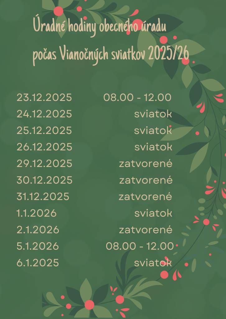 Úradné hodiny obecného úradu počas vianočných sviatkov