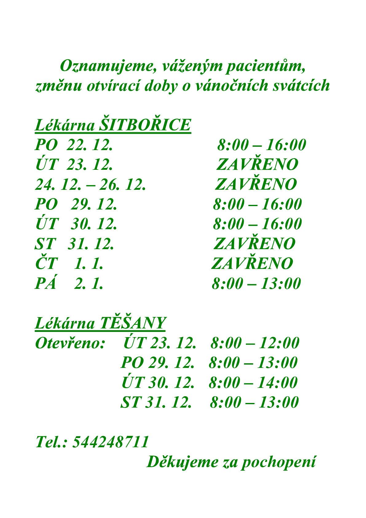 Otevírací doba lékárny v Šitbořicích o vánočních svátcích