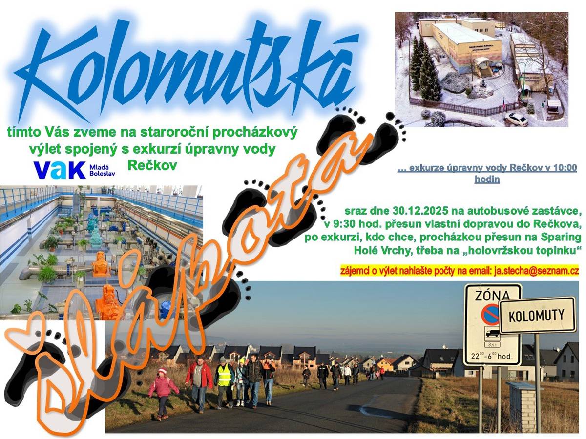 30. 12. 2025 jste zváni na staroroční procházkový výlet spojený s exkurzí úpravny vody Rečkov. Sraz bude na autobusové zastávce, v 9:30 hod. přesun vlastní dopravou do Rečkova, zde v 10:00 hod. začátek exkurze. Poté po návratu můžete nechat auta doma a procházkou se přesunout na Sparing Holé Vrchy, třeba na "holovržskou topinku". Zájemci o výlet nahlaste počty na email: ja.stecha@seznam.cz P. Linhart