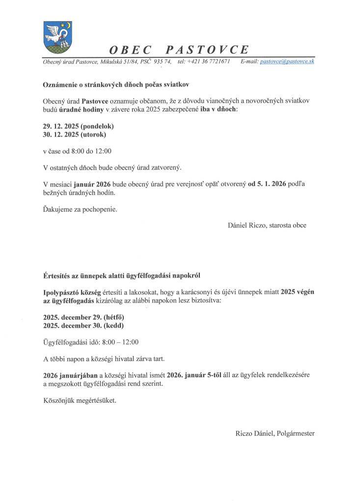 Oznámenie o stránkových dňoch počas sviatkov