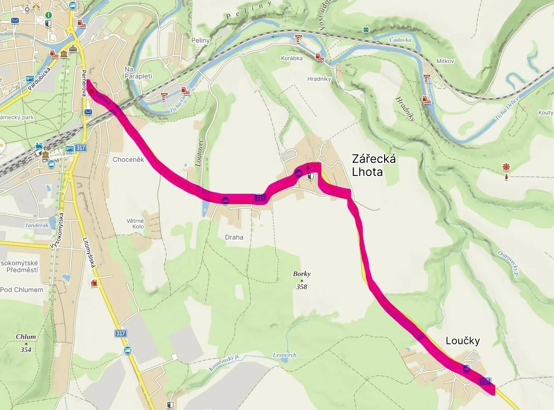 Silnice II/315 v úseku od křižovatky se silnicí II/317, tzn. od křižovatky ulic Pernerova a Svatojiřská v Chocni, po konec místní části obce Svatý Jiří, Loučky
