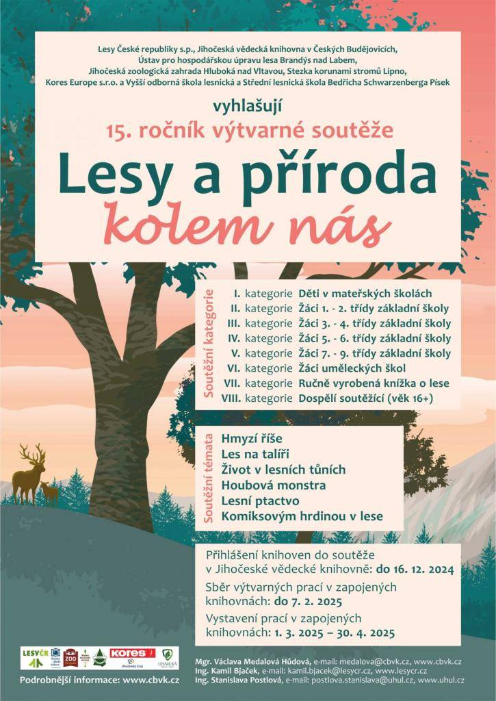 Také letos se městská knihovna zapojila do výtvarné soutěže Lesy a příroda kolem nás.  Výtvarné práce můžete přinést do 6. 2. 2026  Soutěžní témata: Hmyzí říše, Lesní, čarování, Lesní požáry, Technika v lese, Život v lesních tůních, Lesní ptactvo.  Soutěže se může zúčastnit každý bez rozdílu věku.