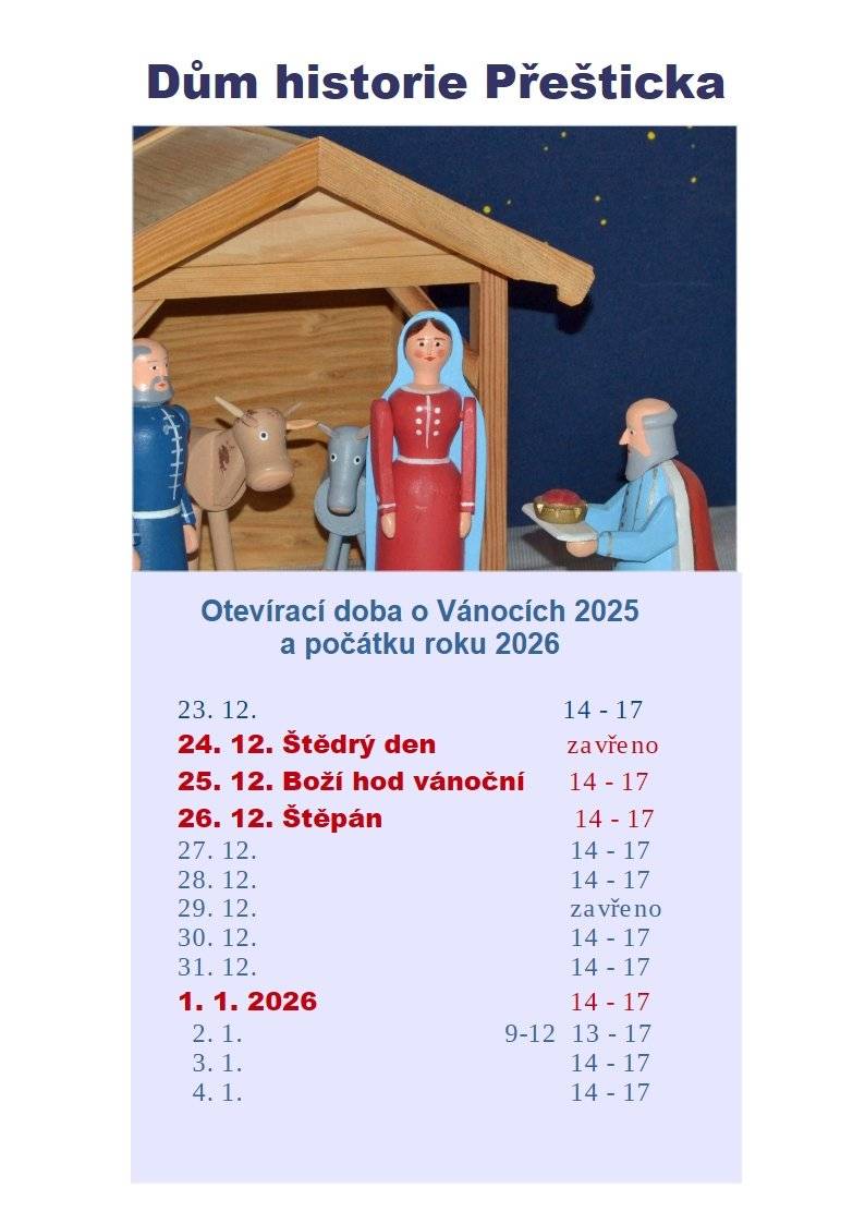Otevírací doba Domu historie Přešticka o Vánocích 2025 a počátku roku 2026