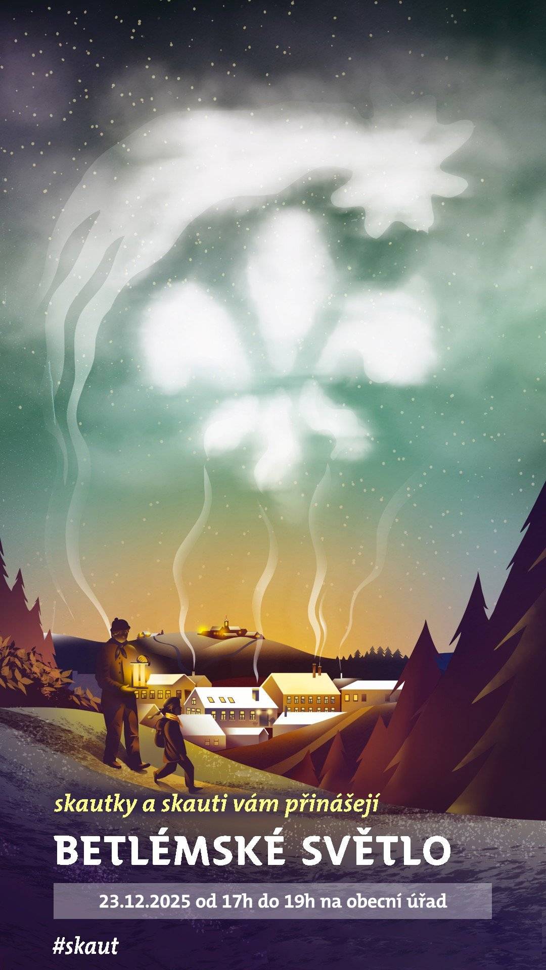 Milí sousedé,  Přijďte si pro plamínek z věčného ohně, jenž hoří v jeskyni pod bazilikou Narození Páně v Betlémě. Světlo je symbolem míru, lásky, naděje a přátelství. Kdy a kde: 23.12.2025 OÚ Větrušice (č.p. 14), 17 - 19 hodin                   24.12.2025 Severní ulice (č.p. 57)                                      Východní ulice (č.p. 164)                                      Východní ulice (č.p. 184) Ve Východní a Severní ulici bude plamínek Betlémského světla zářit v bílých luceničkách před vchodem do domu. Lucerničku a svíčku s sebou.   Krásný čtvrtý adventní večer OÚ Větrušice