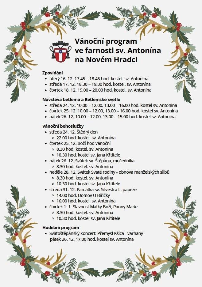 V naší obci není kostel, pouze kaplička na hřbitově. Jako farnost příslušíme (jsme "přifařeni") ke kostelu sv. Antonína, resp. k filiálnímu kostelu sv. Jana Křtitele Na Zámečku na Novém Hradci Králové, a to již od roku 1535 - viz: http://www.antonin.cz/cs/kostel-sv-jana-krtitele-kaplicka-ve-vysoke Pro klidné prožití svátečního času doporučuji:  2025 Vánoční program ve farnosti sv. Antonína na Novém Hradci (1).pdf