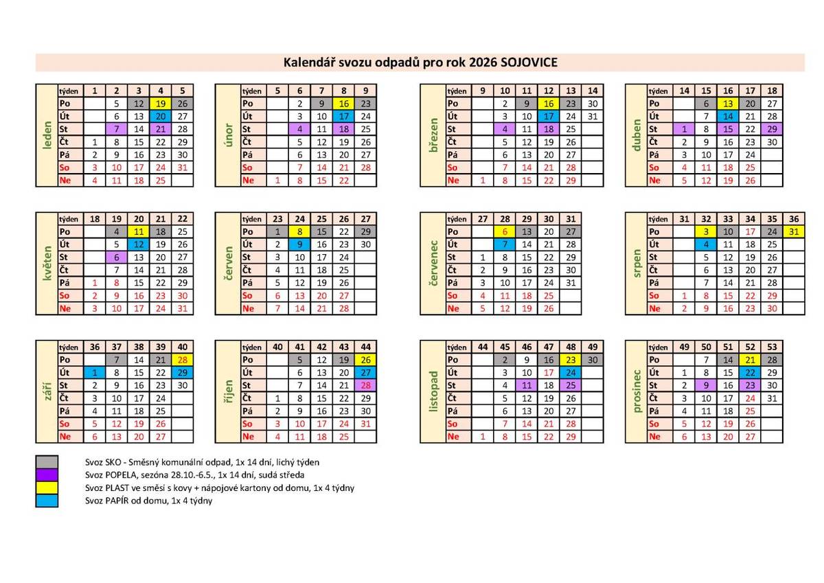 Kalendář svozu odpadů pro rok 2026