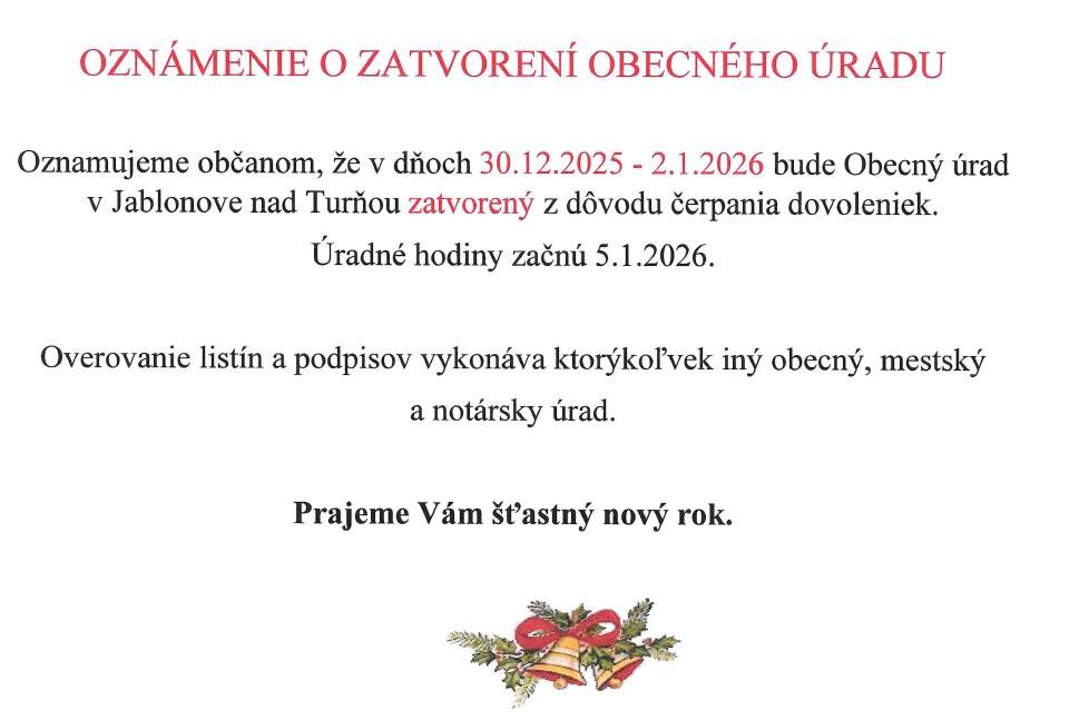 ÚRADNÉ HODINY POČAS SVIATKOV