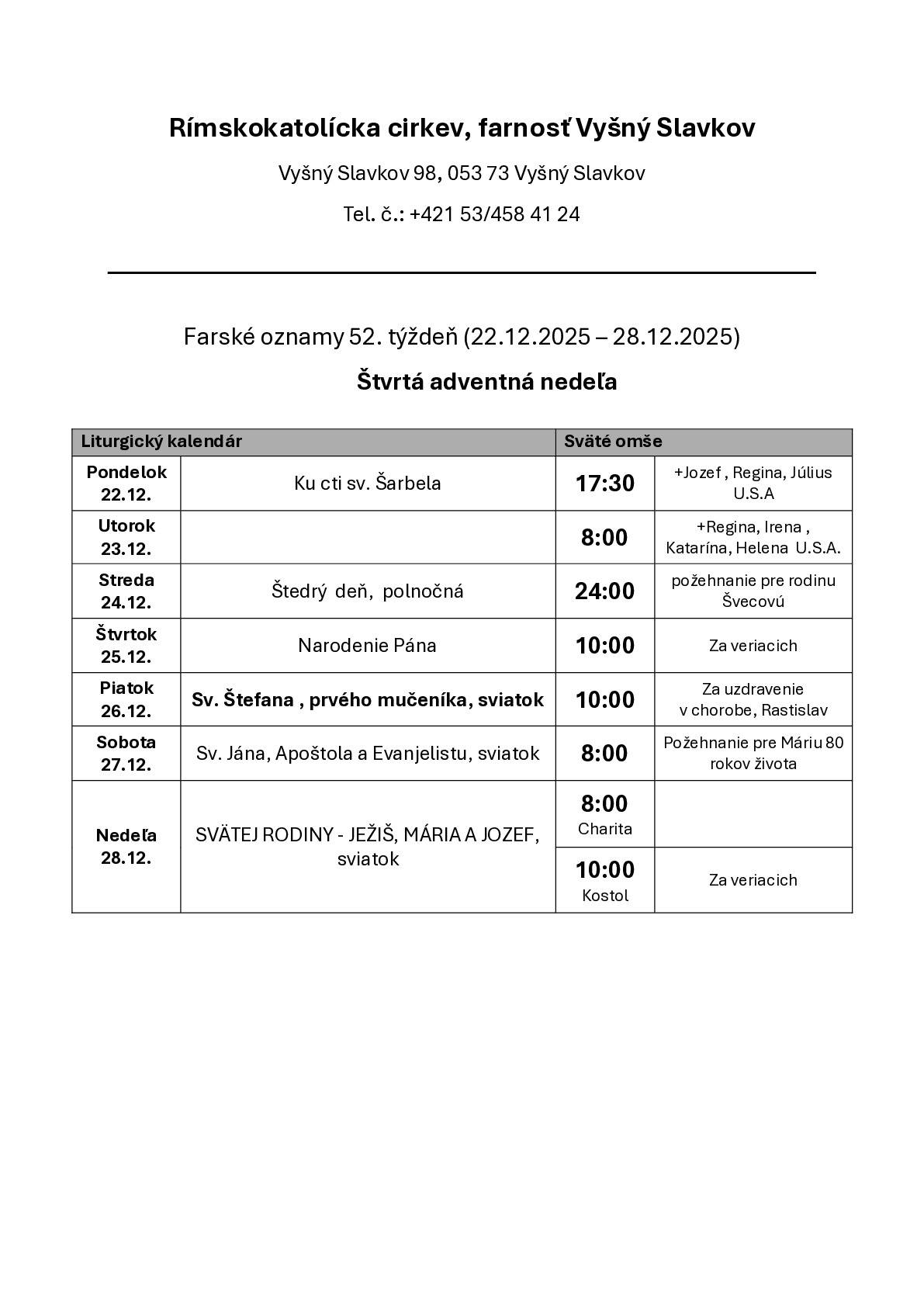 Farské oznamy na 52. týždeň