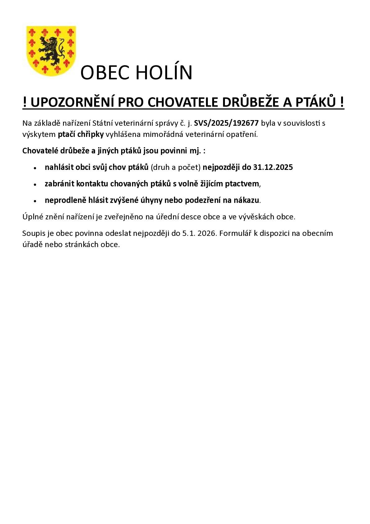 Upozornění pro chovatele ptactva a drůbeže v všech místních částech obce Holín !!!