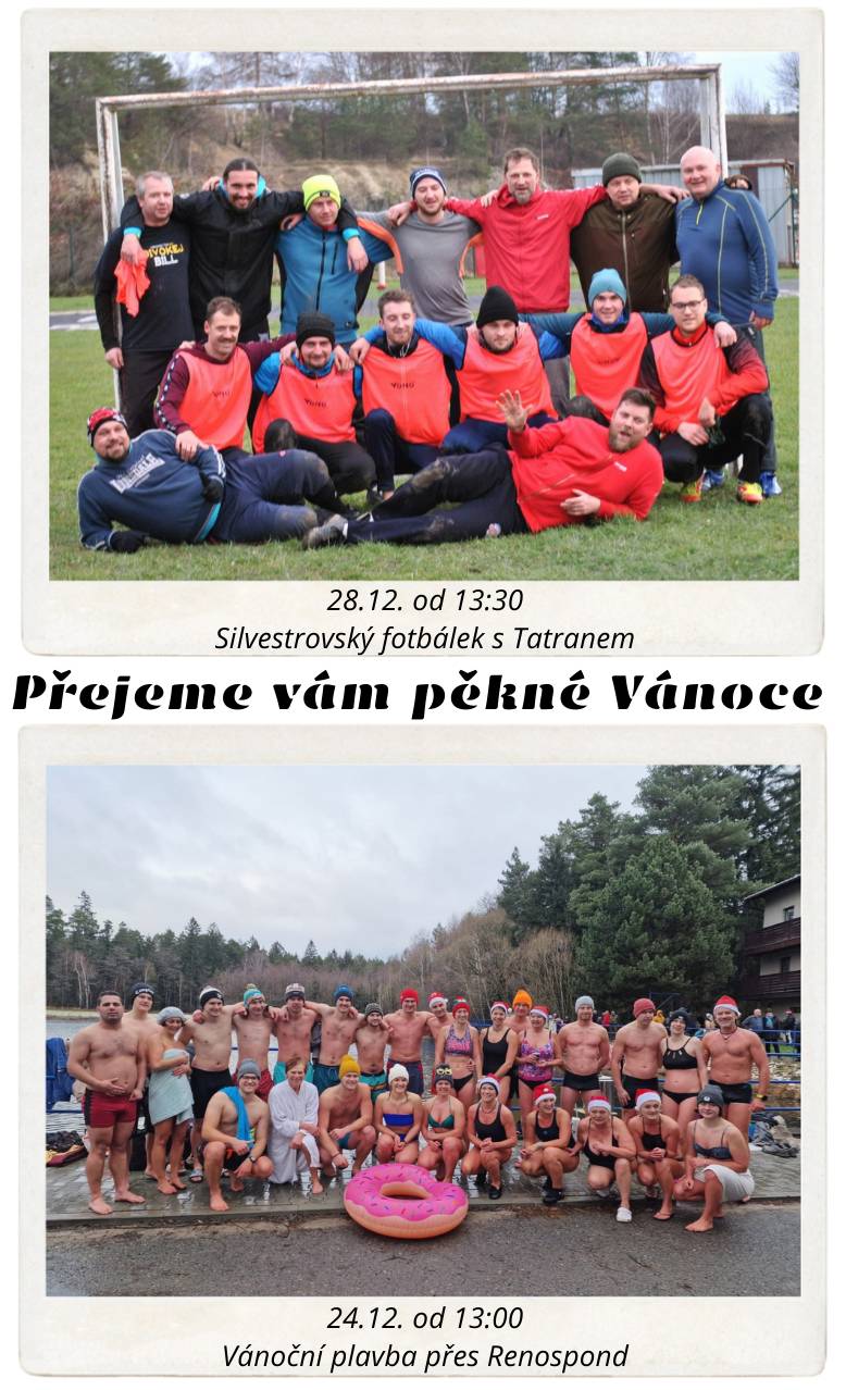 Předáváme pozvání na veřejné akce ve Zderazi o svátcích: - na Štědrý den od 13:00 - Vánoční plavba přes Renospond -> otužování, vánoční přáníčka, pozdravy a shledání. - v neděli 28.12. od 13:30 - Silvestrovský fotbálek na hřišti -> Přijďte se podívat na výkony a posedět u teplého nápoje. Ať Vánoce trávíte jakkoli, prožijte je ve zdraví, pohodě a s dobrou náladou. :)