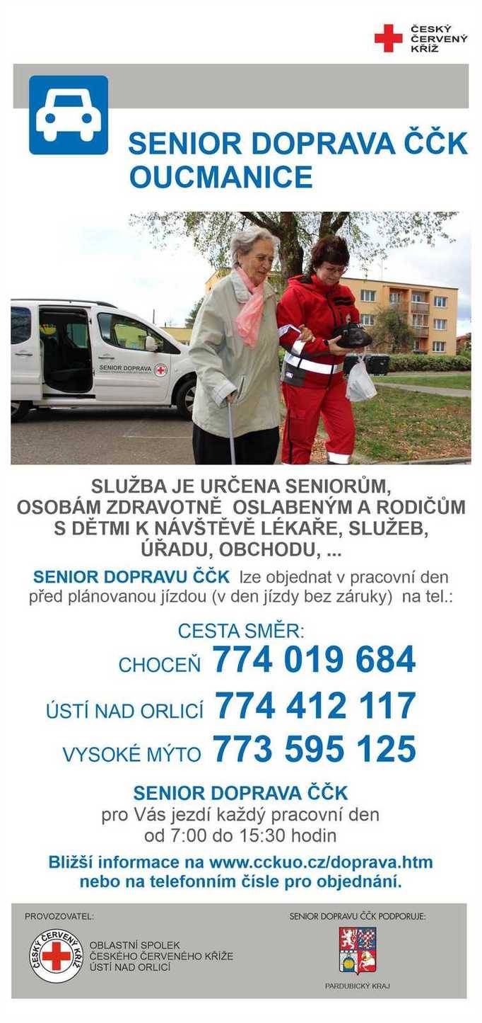 Senior doprava ČČK Na základě poptávky od Vás jsme vstoupili do jednání s Českým červeným křížem o možnosti rozšířit senior dopravu na území obce. Po vzájemných konzultacích se podařilo vytvořit kapacitu dopravy tak, aby byla schopná pokrýt i naší obec. Na základě smlouvy se u nás zřizuje tato možnost dopravy od 1. ledna 2026. Služba je určena pro seniory nad 65 let, osobám zdravotně oslabeným a rodičům s dětmi. Základní doprava je určena do měst Ústí nad Orlicí, Chocně a Vysokého Mýta. Cena za jednu jízdu je 45 Kč s možností využít kapacitu vozidla. Rozdíl mezi cenou klientů a skutečnou cenou dopravy hradí obec. Zde se nabízí spolujízda pro více osob s tím, že se při objednávání vozidla domluví počet osob k přepravě. Objednání dopravy je potřeba provést alespoň týden předem a dále dle zkušeností. Zájemce o službu zveme na besedu s poskytovatelem služby v pondělí 5. ledna od 18:30 hodin v obecní hospodě. Po besedě bude pokračovat tradiční setkávání klubu důchodců.