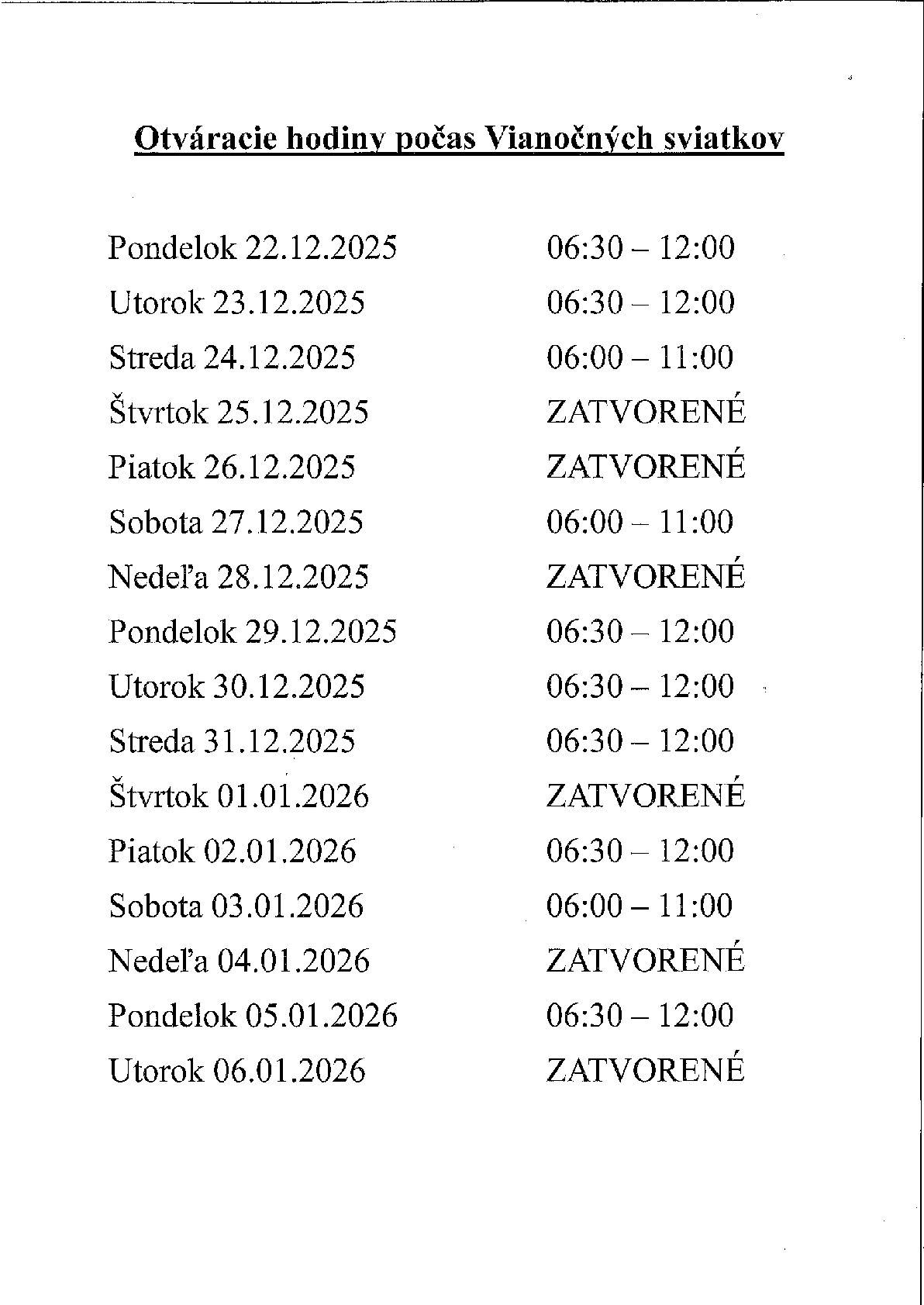 Otváracie hodiny počas Vianočných sviatkov potraviny Waranza.